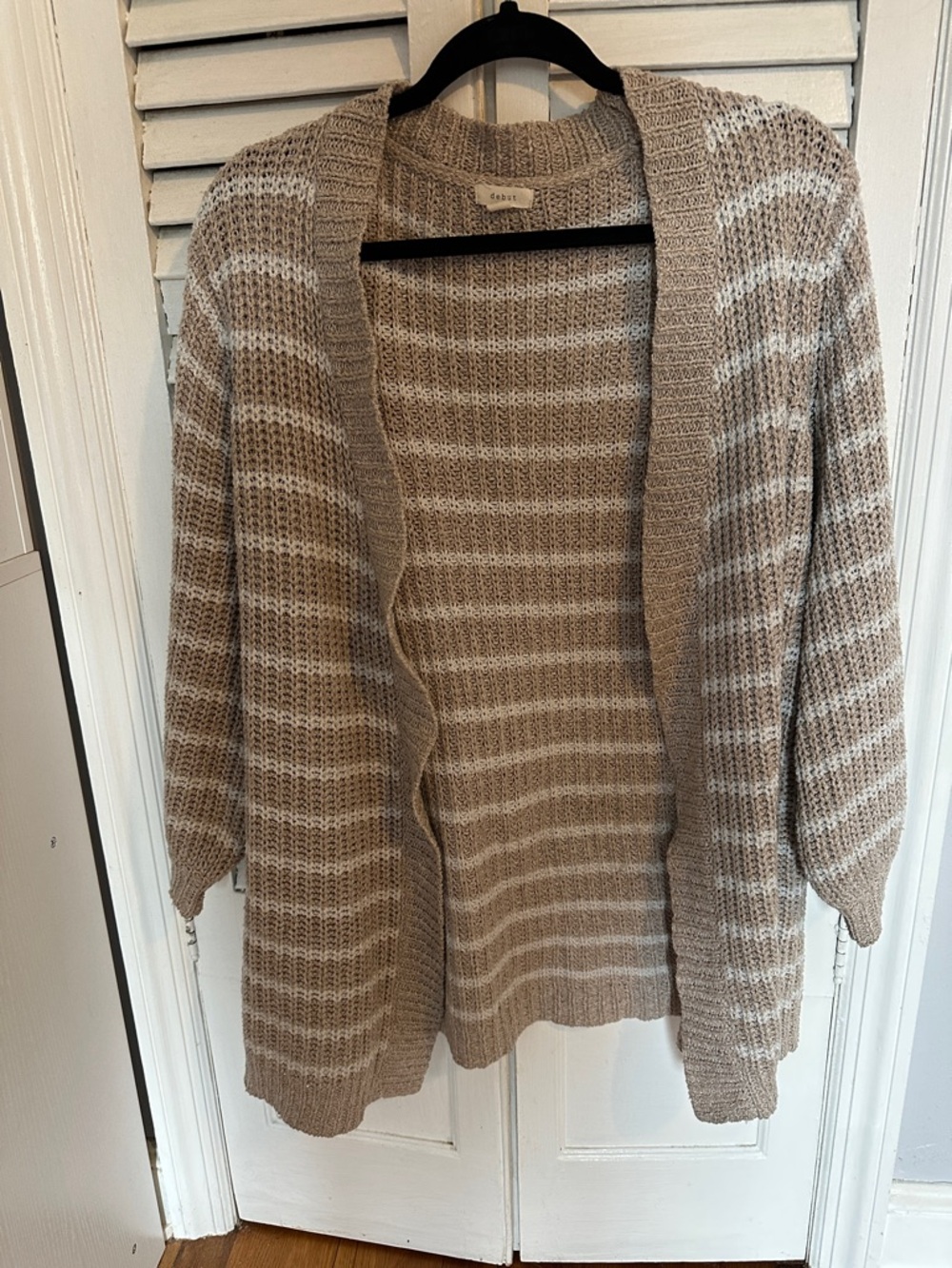 debut Taupe and White Striped Open-Front Cardigan